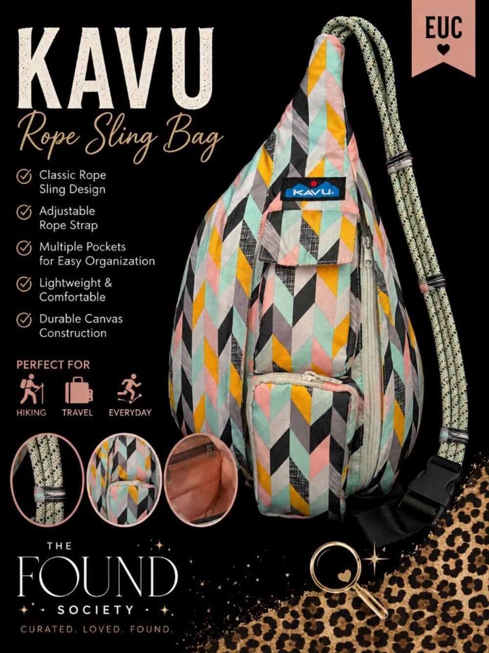 KAVU Rope Sling Crossbody Bag Colorful Geometric Chevron EUC